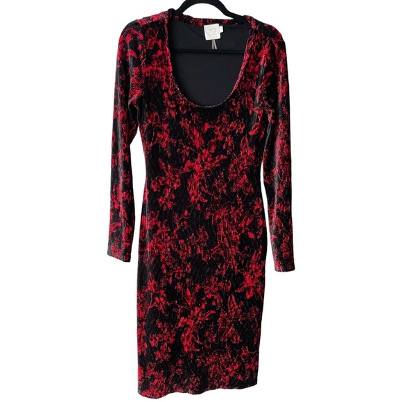 HD In Paris Black Gauzey Red Floral Print Bodycon Long Sleeve Dress Size Small - Picture 3 of 8